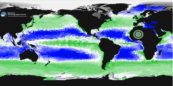NEMO model indicating ocean primary productivity